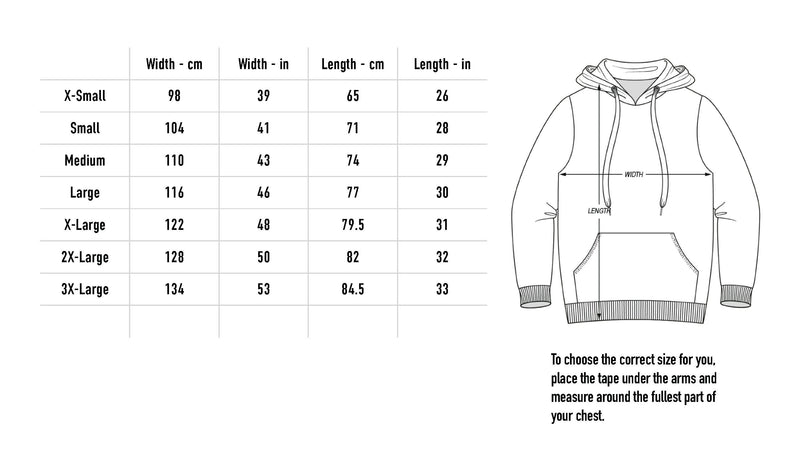 Size chart for War Of Being Hoodie - Black