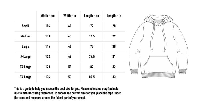 Size chart for Eyes Hoodie - Black
